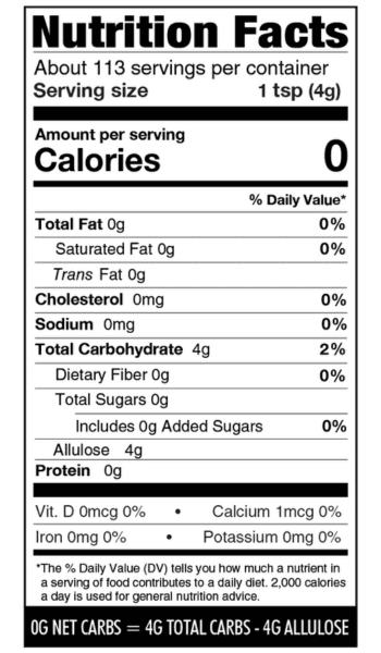 Nutritional facts panel for Besti Monk Fruit Allulose Blend.