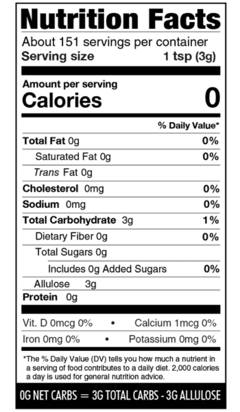Nutritional facts panel for Besti Powdered Monk Fruit Allulose Blend.