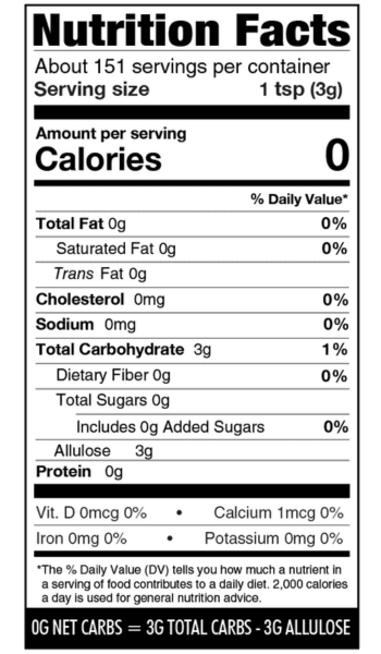 Nutritional facts panel for Besti Powdered Monk Fruit Allulose Blend.