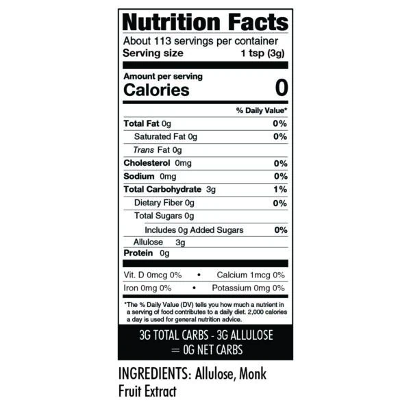 Besti powdered monk fruit sweeetener with allulose powdered nutrition label.