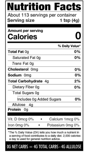 Nutritional facts panel for granulated allulose sweetener.