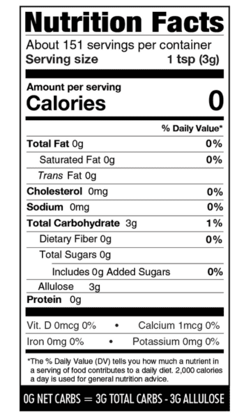 Nutritional facts panel for powdered allulose sweetener.