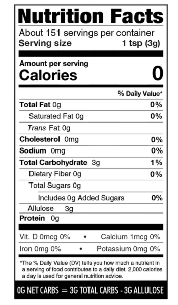 Nutritional facts panel for powdered allulose sweetener.