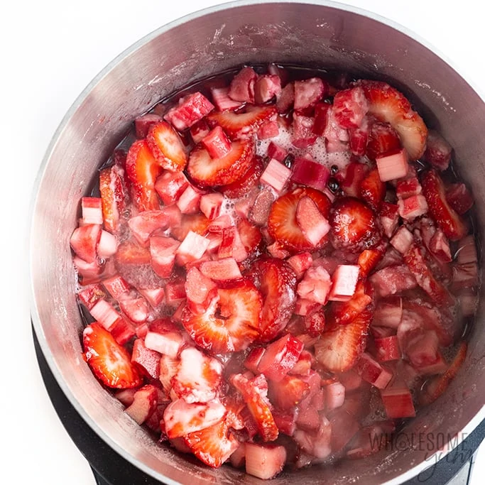 strawberries and rhubarb simmering in pot