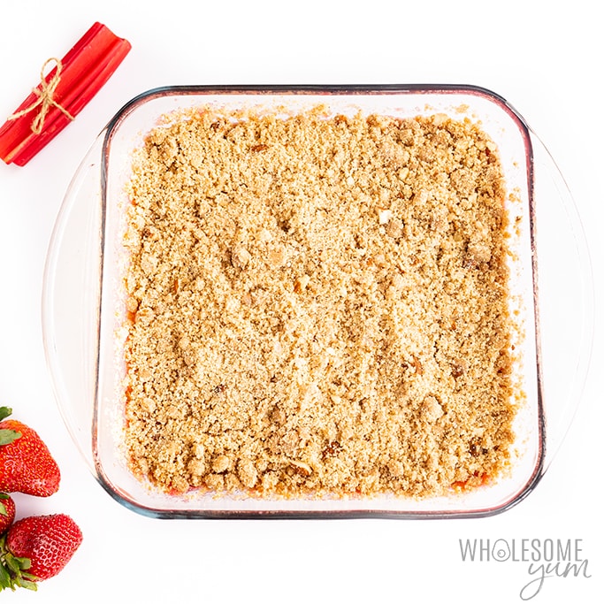 low carb strawberry rhubarb crisp before baking