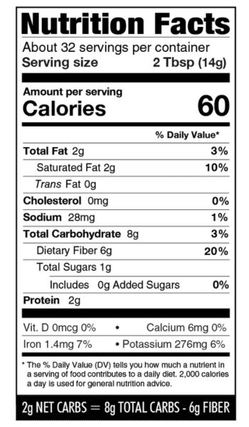 Nutritional facts panel for coconut flour.