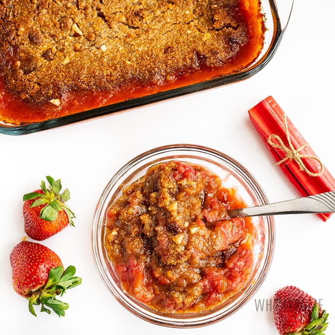 keto strawberry rhubarb crisp in a dish