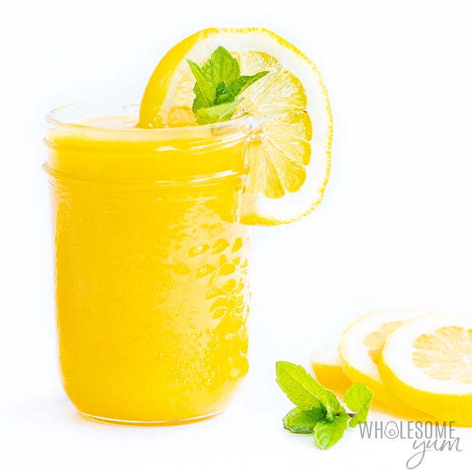 jar of keto lemon curd with lemon slice