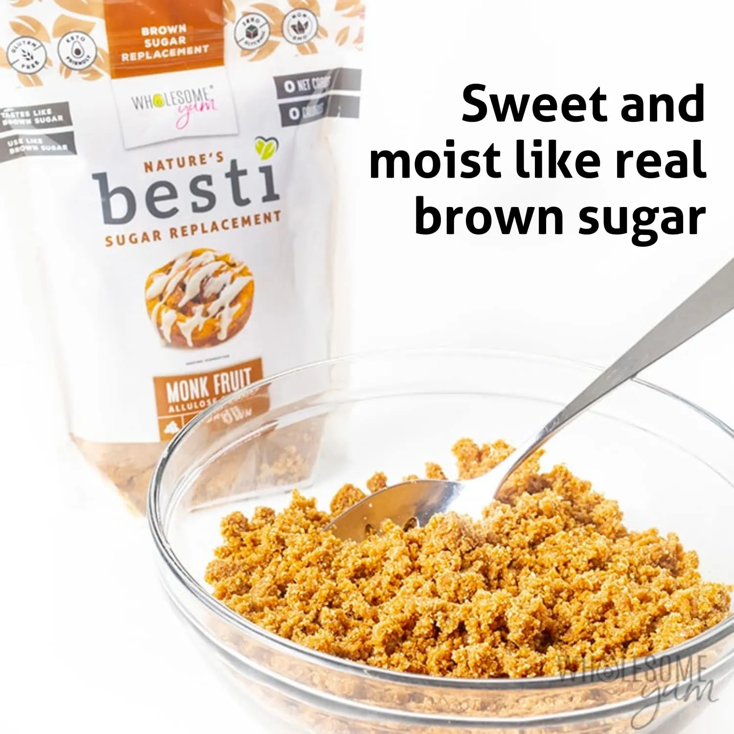 wholesomeyum-Besti Brown Monk Fruit Sweetener With Allulose Bowl of Besti brown sweetener.