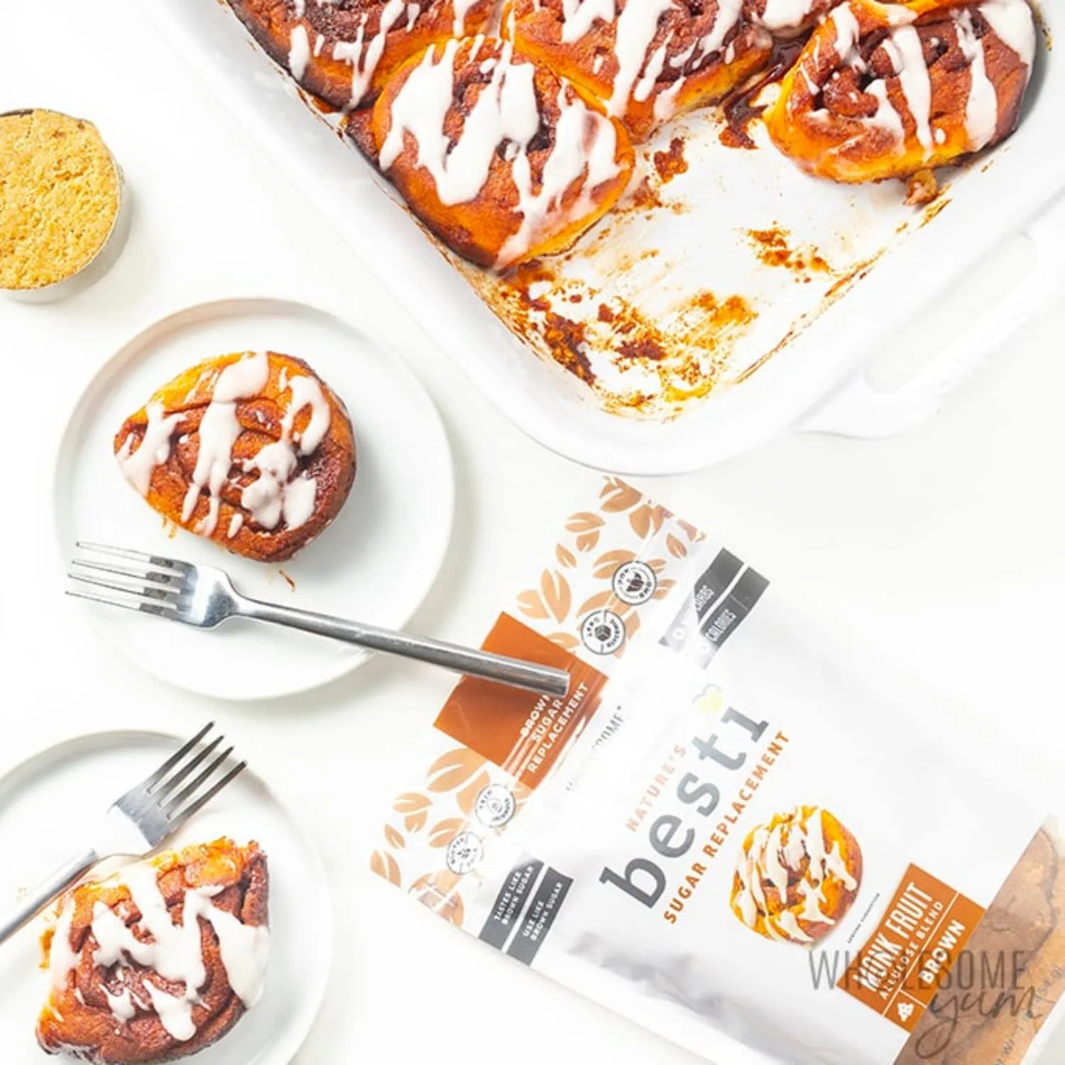 wholesomeyum-Besti Brown Monk Fruit Sweetener With Allulose Cinnamon rolls made with Besti brown sweetener.