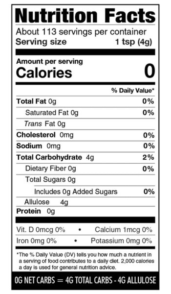 Nutritional facts panel for Besti Brown Monk Fruit Allulose Blend.