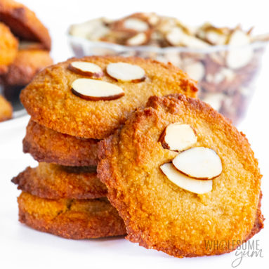 Keto almond cookies recipe in a stack