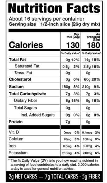 Nutritional facts panel for Wholesome Yum keto bread mix.