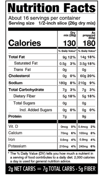 Nutritional facts panel for Wholesome Yum keto bread mix.