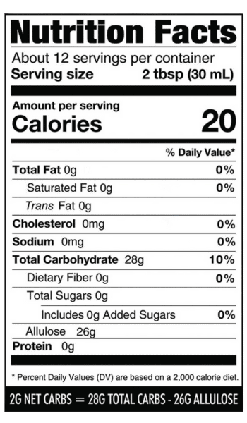 Nutritional facts panel for Wholesome Yum Zero Sugar Maple Syrup.
