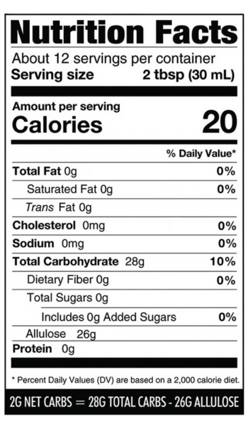 Nutritional facts panel for Wholesome Yum Zero Sugar Maple Syrup.