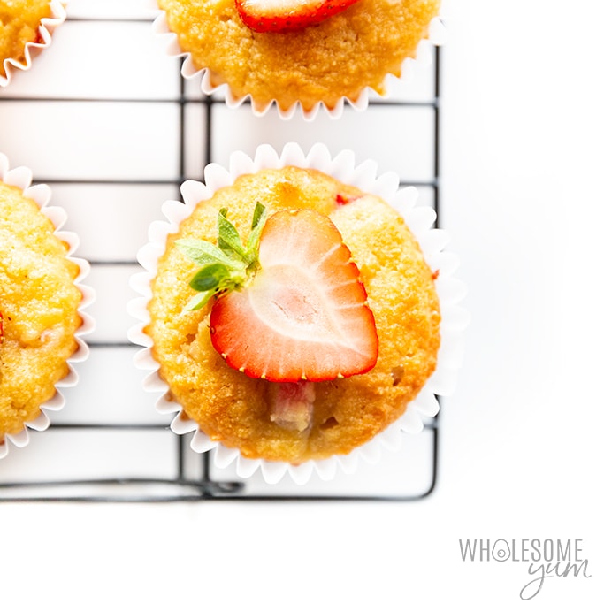 Almond flour keto strawberry muffins topped with strawberry slices