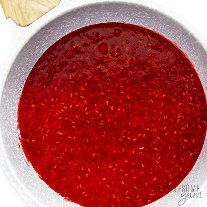 Finished keto raspberry sauce in saucepan