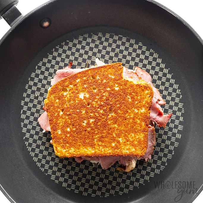 Keto reuben being cooked in a skillet
