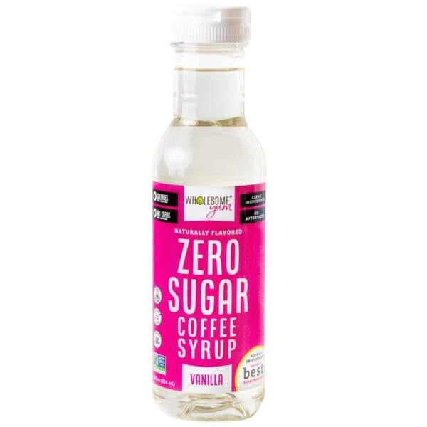 Zero sugar vanilla syrup front of bottle.