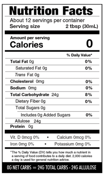 Nutritional facts panel for Wholesome Yum sugar free simple syrup.