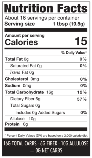 Nutritional facts panel for Wholesome Yum keto honey substitute.