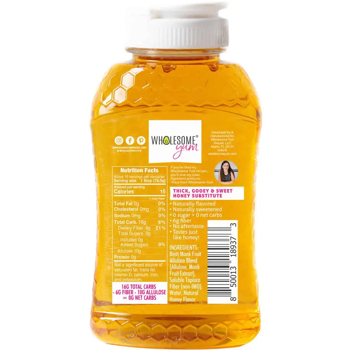 Back of Wholesome Yum Zero Sugar Honey bottle.