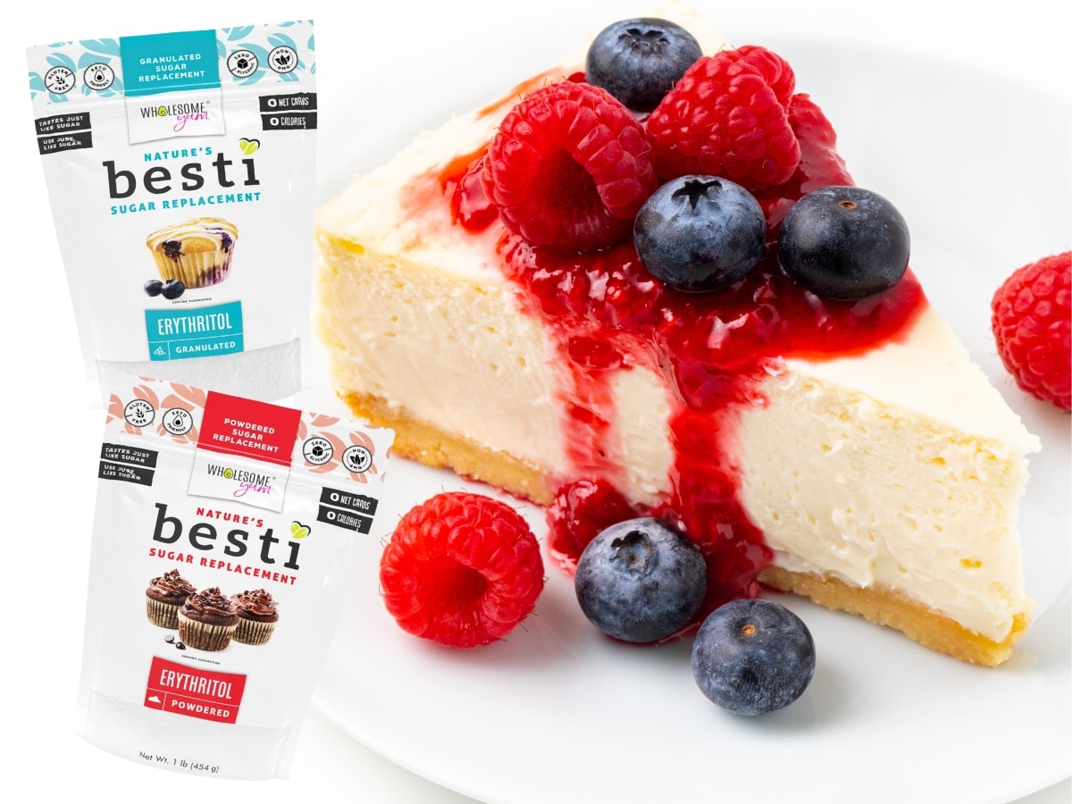 Slice of cheesecake next to bags of Besti erythritol.