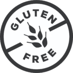 A round icon that says gluten free.