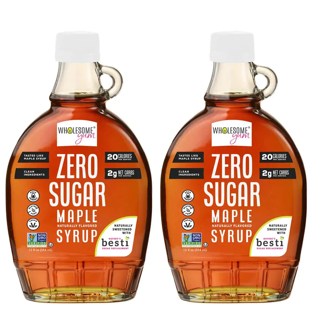 Zero sugar maple syrup 2 pack front.