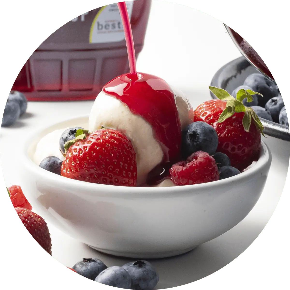 Wholesome Yum Sugar Free Blueberry Syrup on Ice Cream.