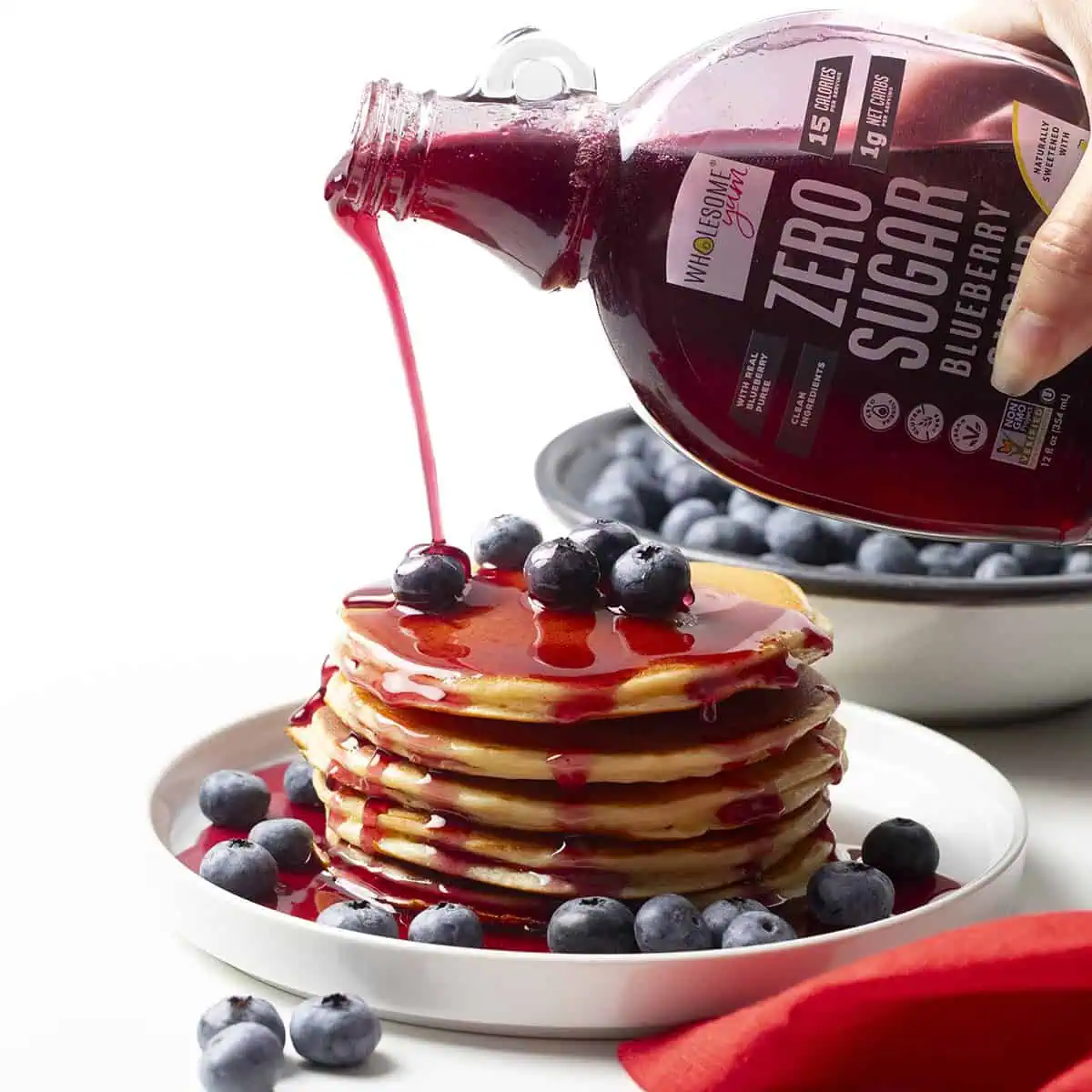 Wholesome Yum Sugar Free Blueberry Syrup on Pancakes.