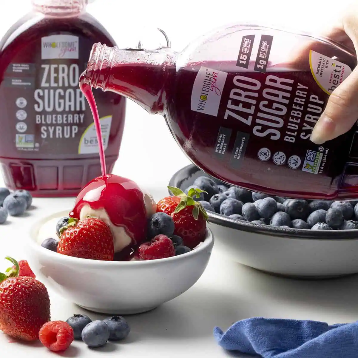 Wholesome Yum Sugar Free Blueberry Syrup on Ice Cream.