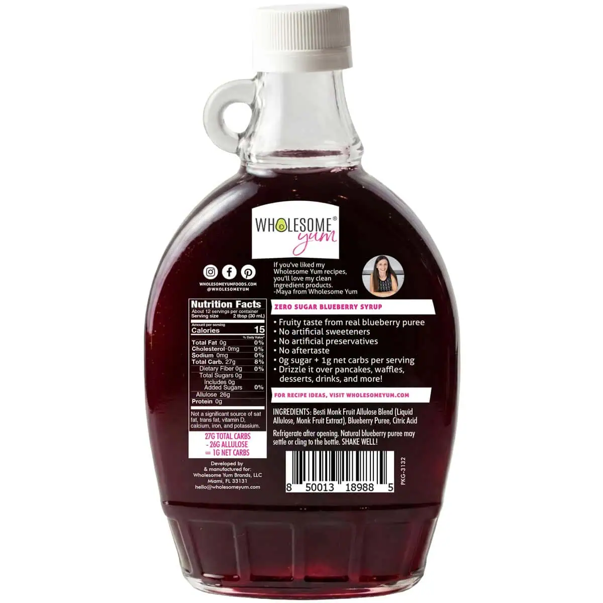 Wholesome Yum Sugar Free Blueberry Syrup Back Bottle.
