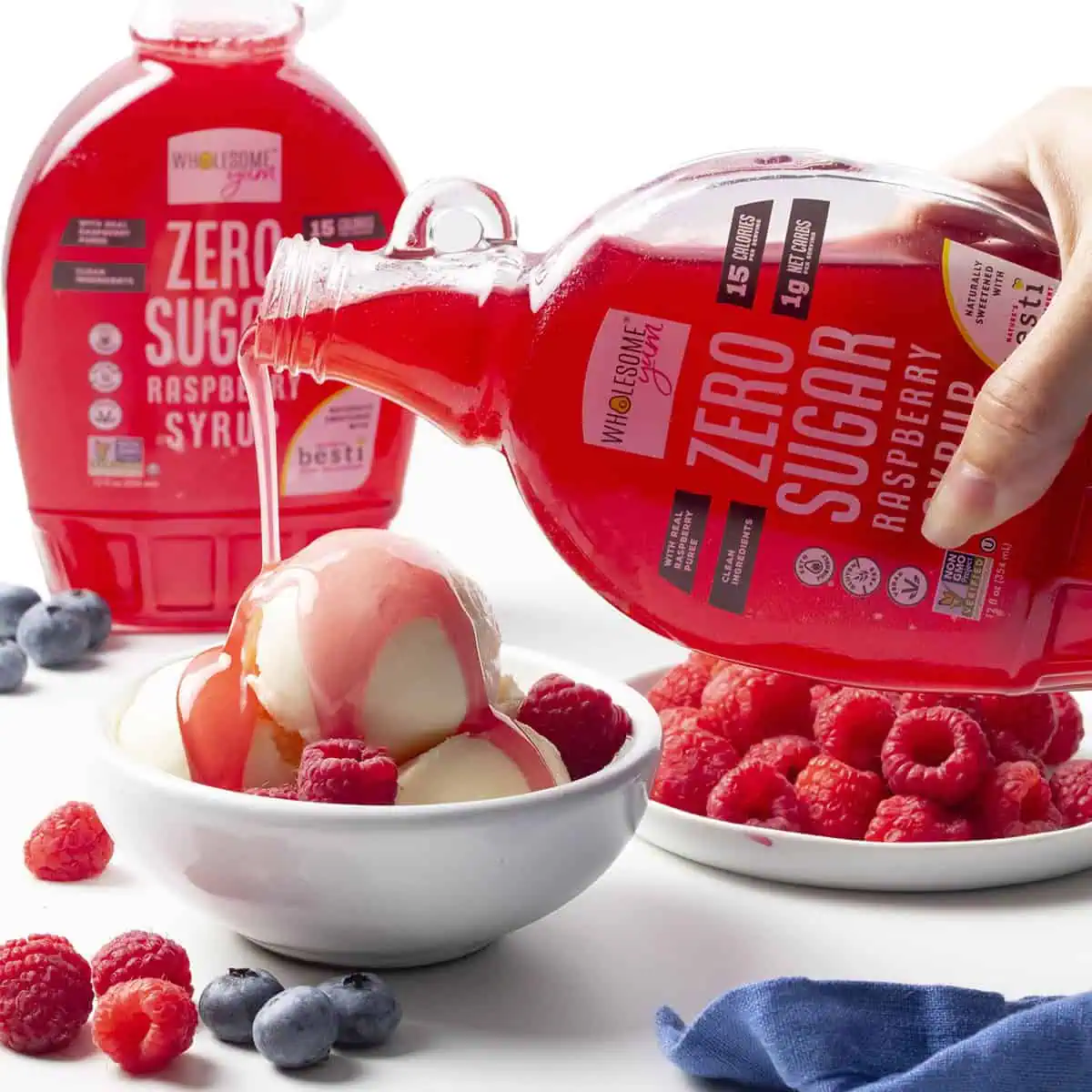 Wholesome Yum Sugar Free Raspberry Syrup on Ice Cream.