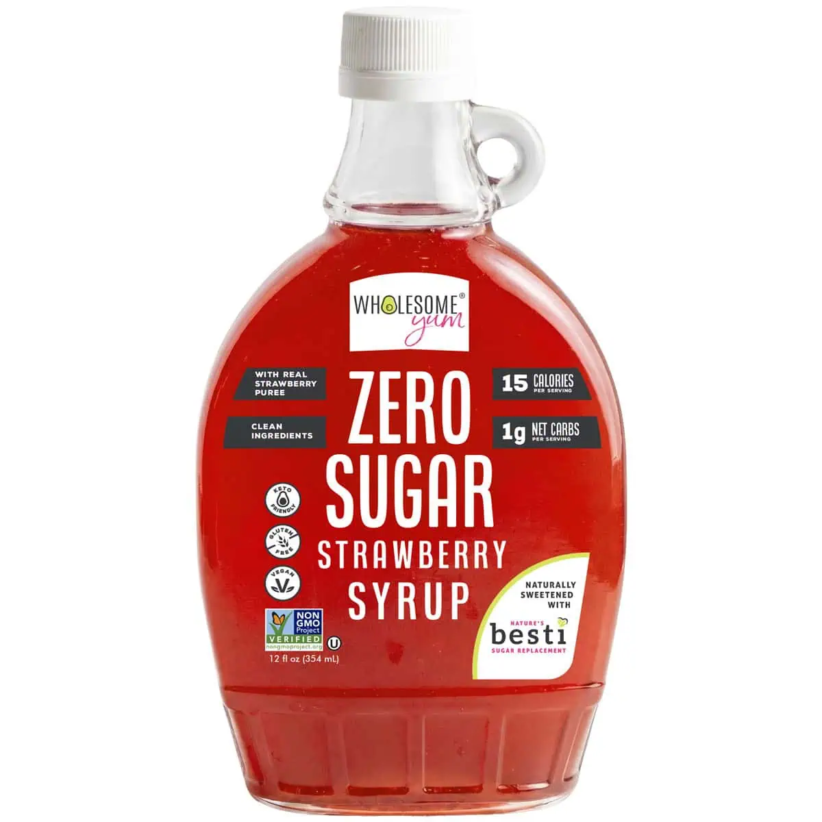 Wholesome Yum Sugar Free Strawberry Syrup Front Bottle.