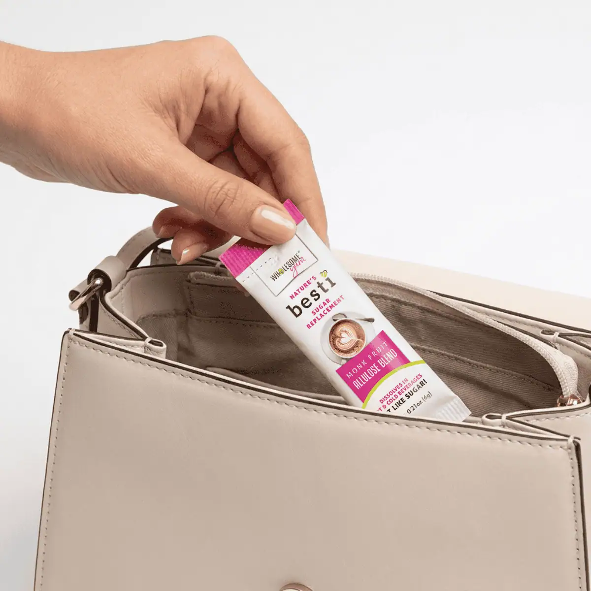 Wholesome Yum Besti Packets in the purse.