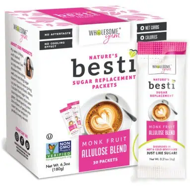 Wholesome Yum Besti Monk Fruit Allulose Sweetener Packets - box with single packet next to it.