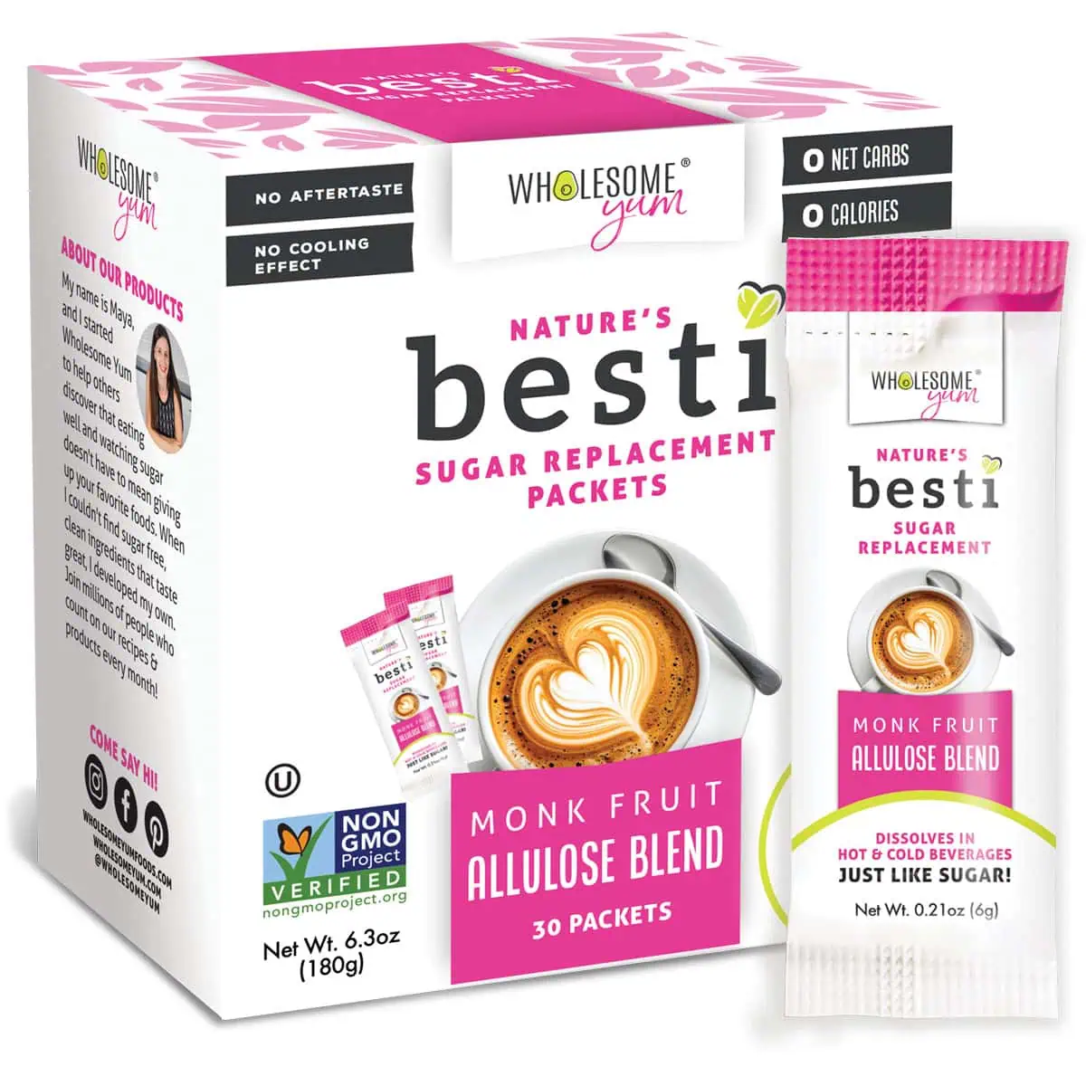 Wholesome Yum Besti Monk Fruit Allulose Sweetener Packets - box with single packet next to it.