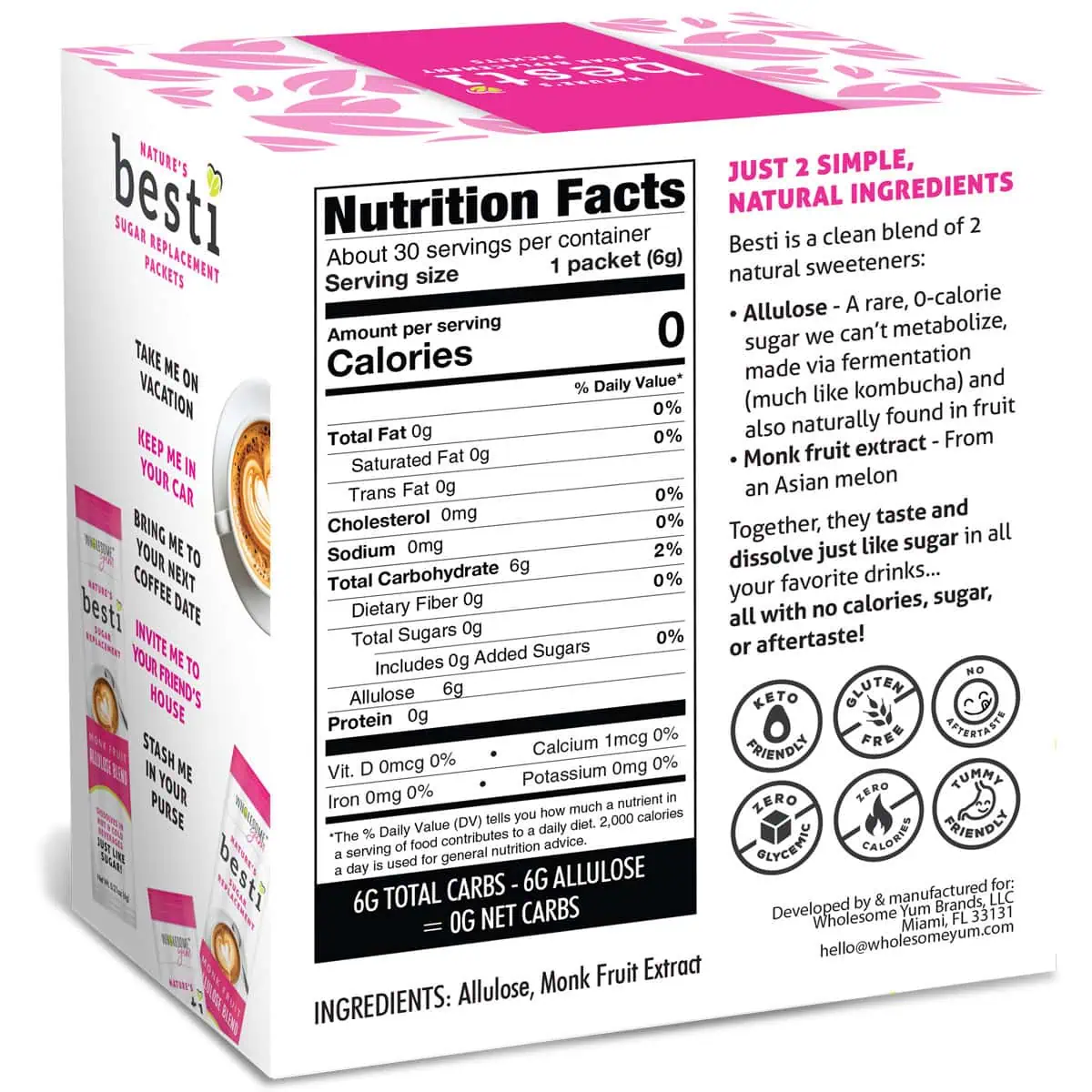 Wholesome Yum Besti Monk Fruit Allulose Sweetener Packets - back of the box.